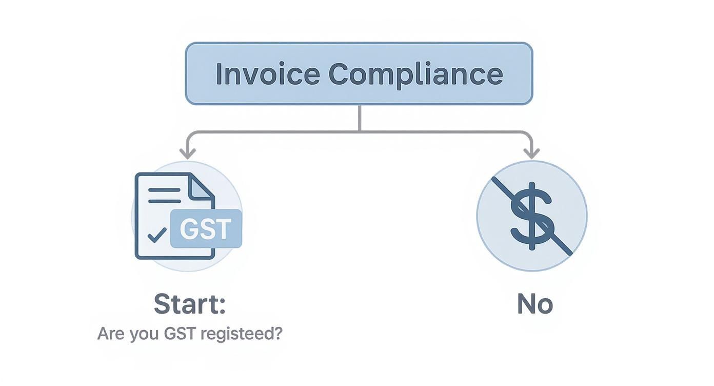 Invoice compliance flowchart showing GST registration decision path with document and currency icons