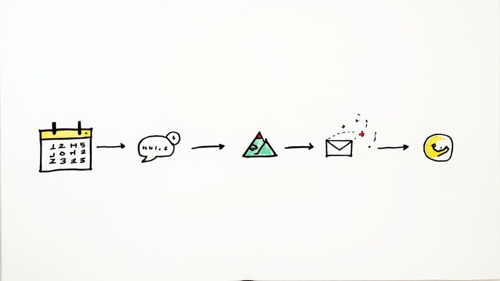 Visual workflow diagram showing invoice process from calendar scheduling to payment confirmation with happy customer