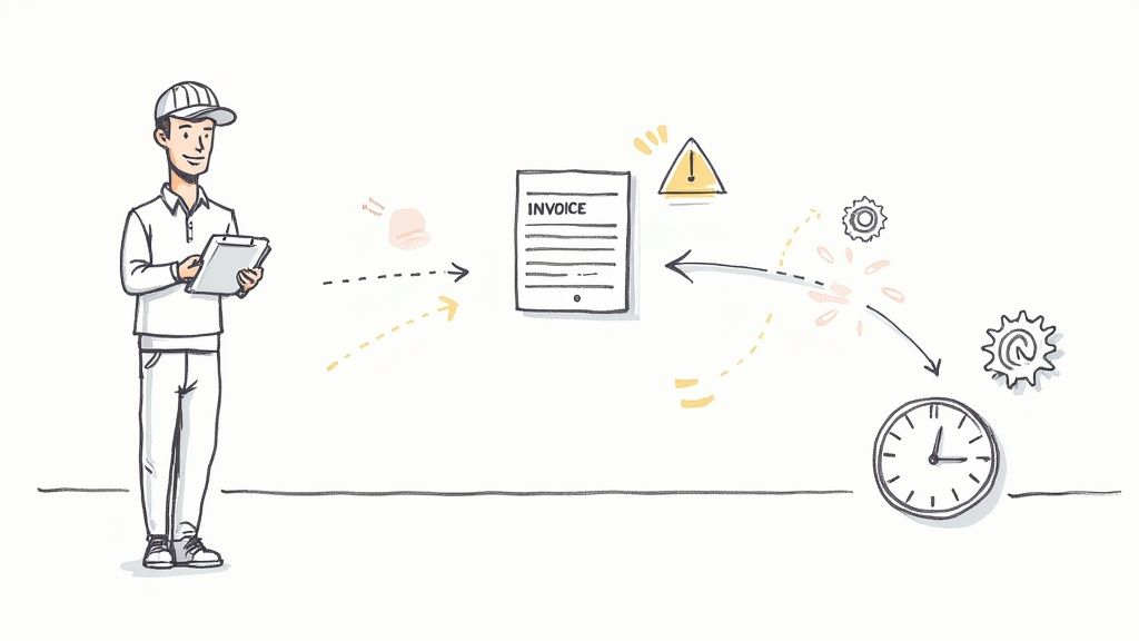 Delivery worker with tablet showing invoice workflow process with warning alert and time management icons