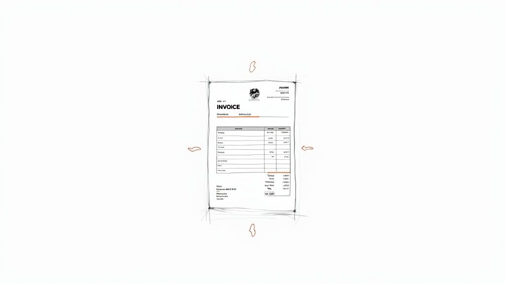 A hand-drawn sketch of a business invoice template with itemized details and totals.