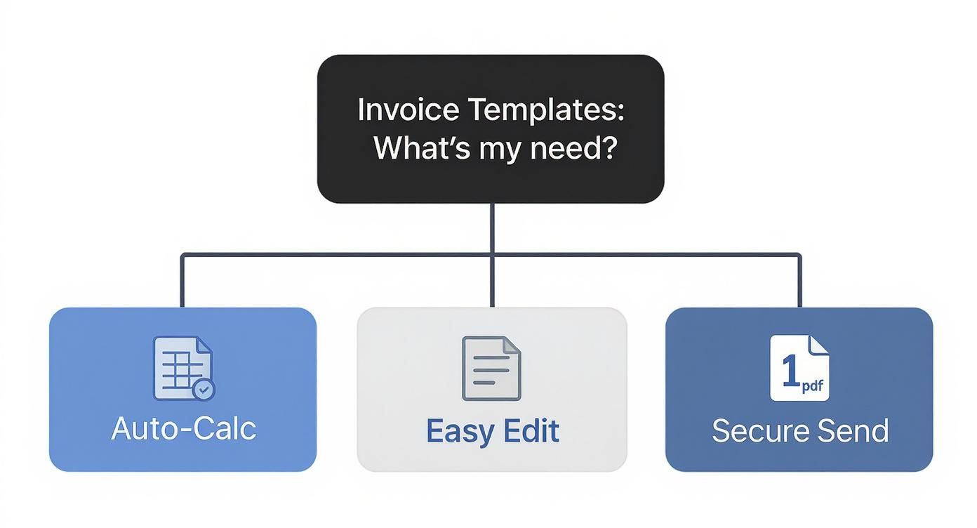 A flowchart titled 'Invoice Templates: What's my need?' displaying options for Auto-Calc, Easy Edit, and Secure Send.