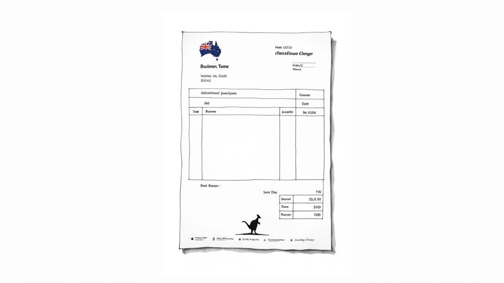 A hand-drawn Australian-themed invoice template with sections for business details and financial summary.