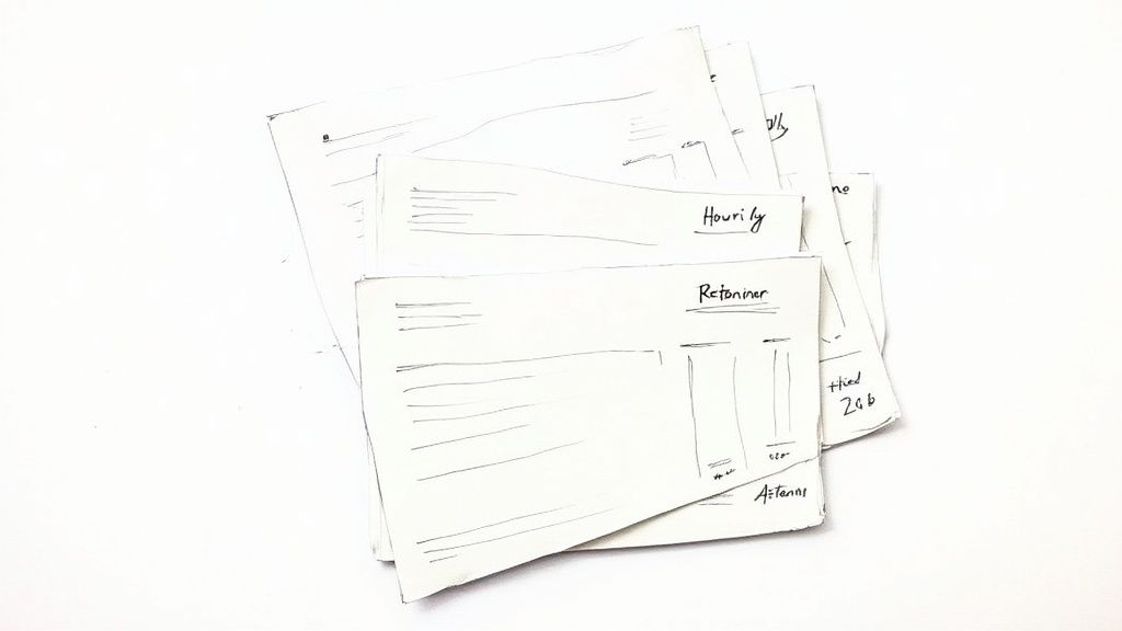 Hand-drawn sketches of freelance invoice templates, including hourly and retainer options, on white paper.