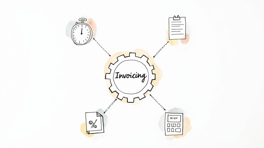 A hand-drawn diagram showing 'Invoicing' in a central gear, connected to time, documents, discounts, and GST calculation icons.