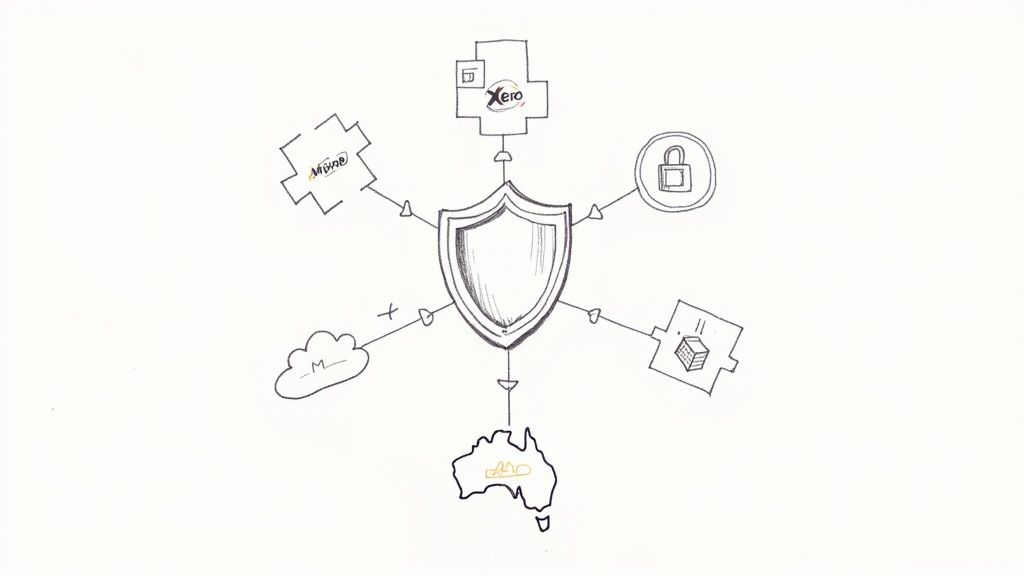 A central shield icon connects to various services like Xero, MYOB, cloud, security lock, data, and Australia.
