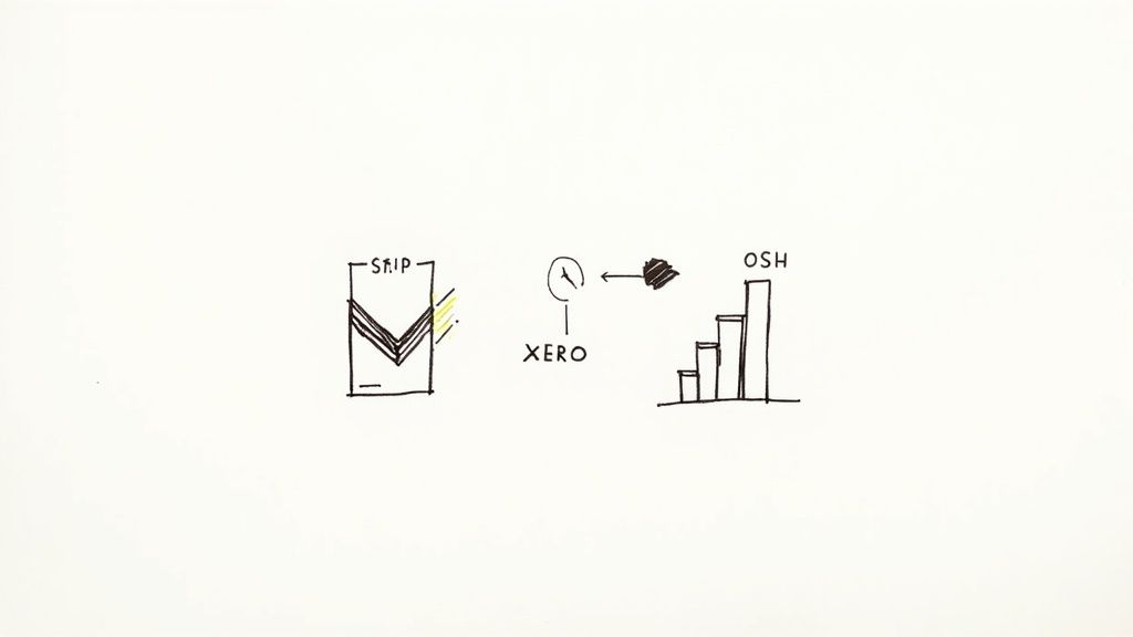 Hand-drawn diagram showing Stripe and Xero integration with a flow leading to an OSH bar chart.