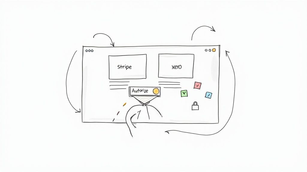 A hand-drawn sketch of a web interface showing Stripe and Xero integration setup with an authorize button.