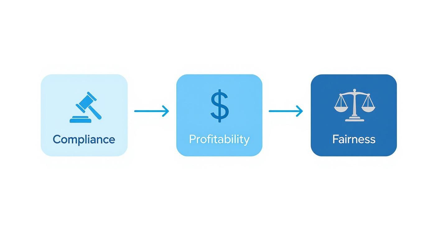 A diagram showing the progression from compliance, to profitability, and finally to fairness.