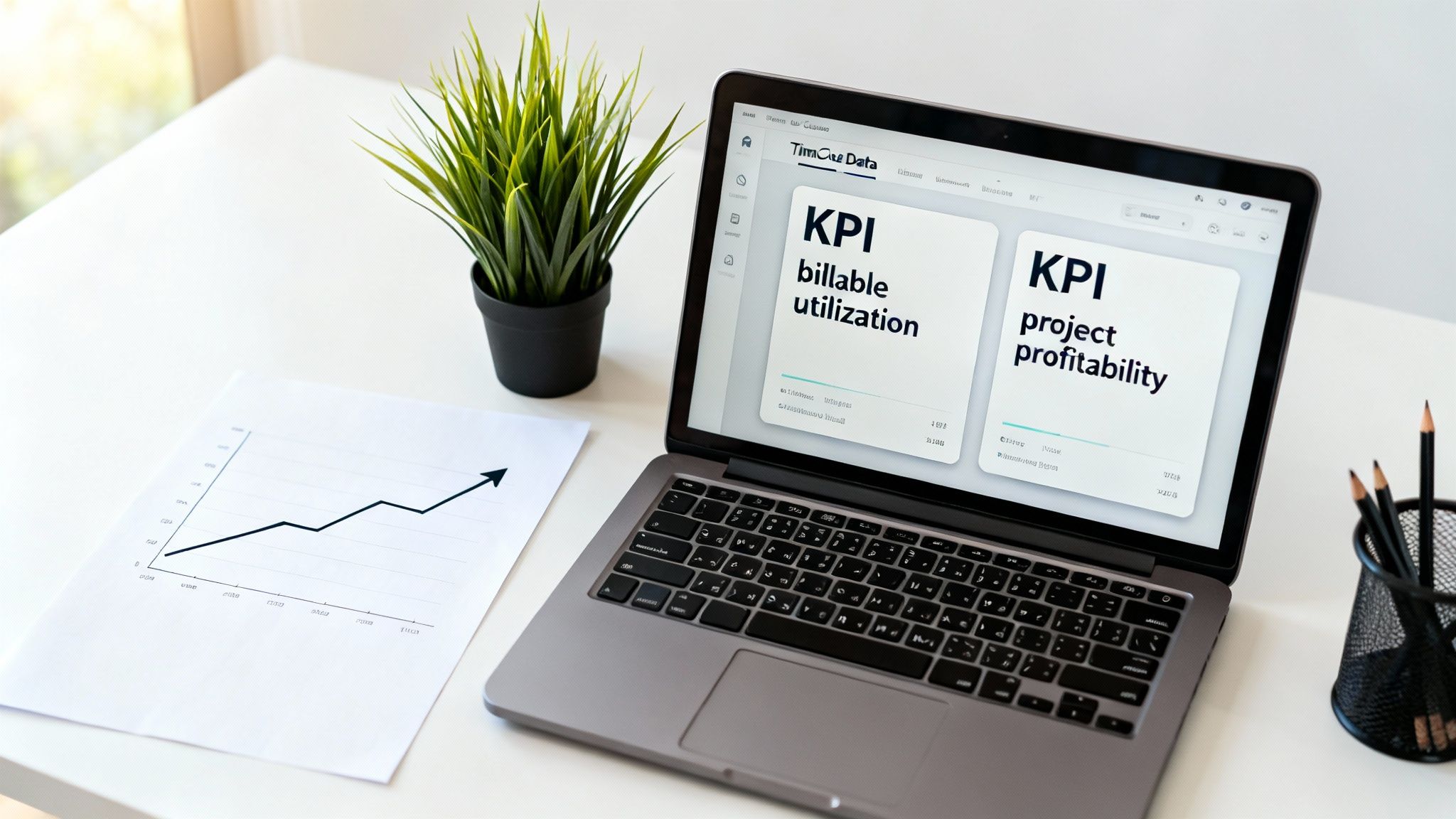 A laptop displaying 'billable utilization' and 'project profitability' KPIs on a desk with a rising graph.