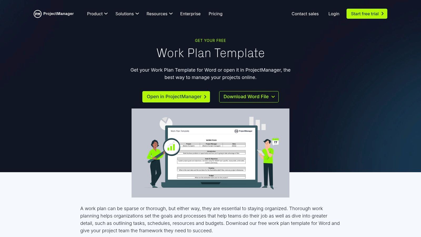 A screenshot of the ProjectManager work plan template showing sections for overview, objectives, scope, budget, and schedule.