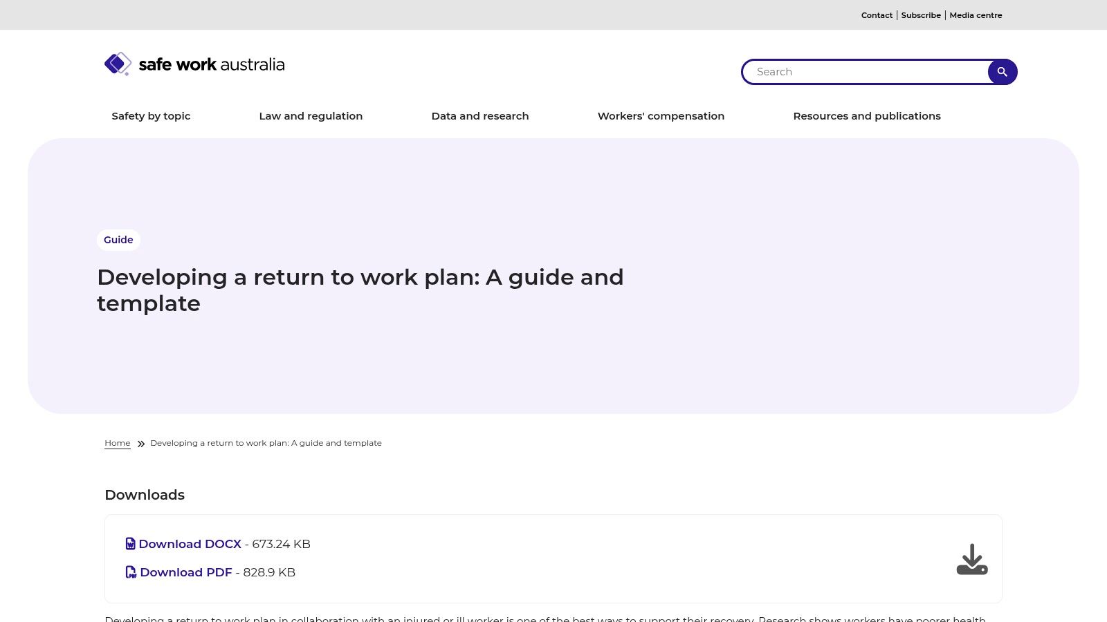 A screenshot of the Safe Work Australia return-to-work plan template showing fields for worker details, goals, duties, and signatures.