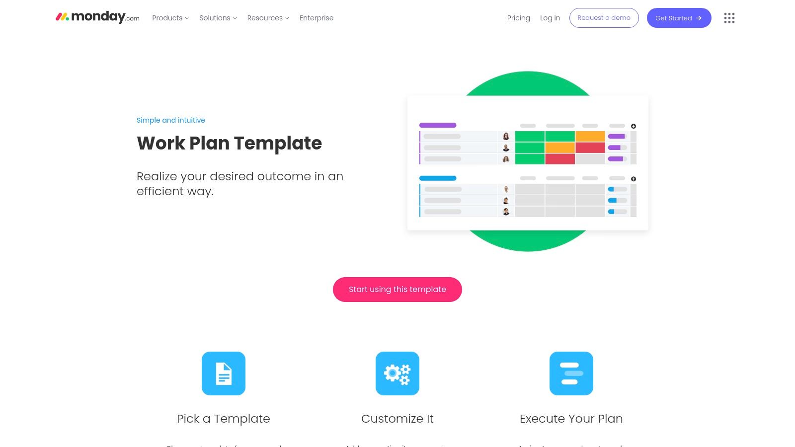 A screenshot of the monday.com work plan template showing a colourful, board-style layout with columns for tasks, owners, status, and deadlines.