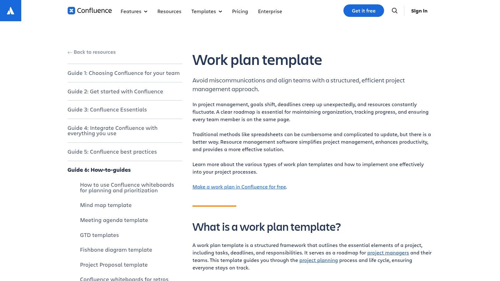 A screenshot of the Atlassian Confluence work plan template guide, showing a structured page with goals, tasks, and team member assignments.