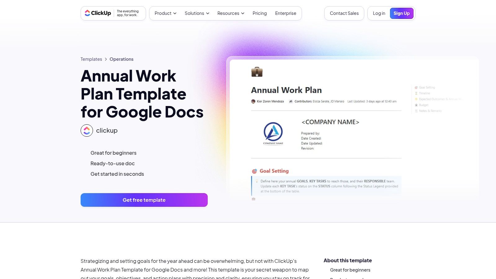 A screenshot of the ClickUp work plan template landing page showing a clean, modern interface with template options.