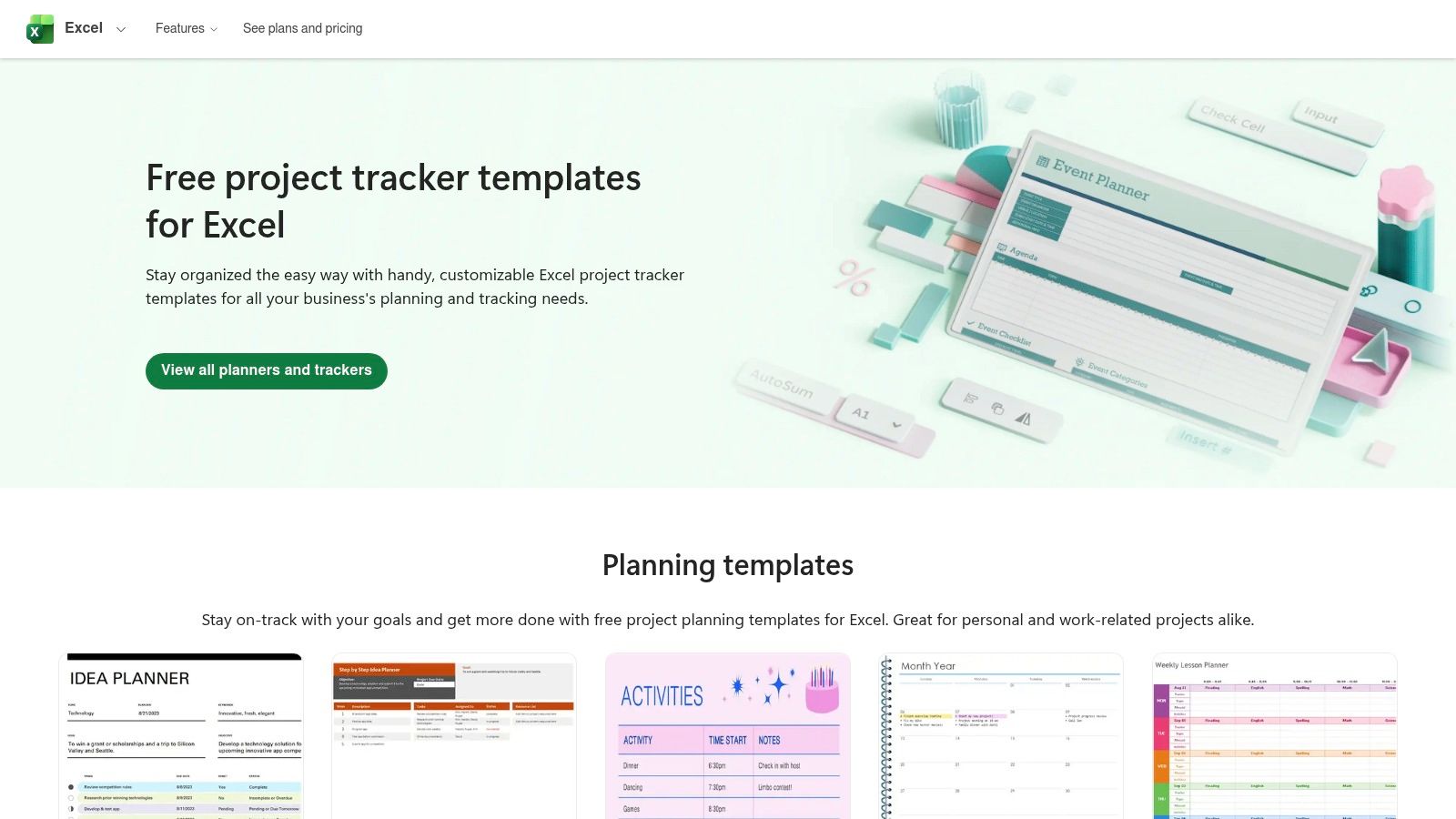 A screenshot of the Microsoft Create website showing various templates for planners and trackers, including project timelines and task lists.