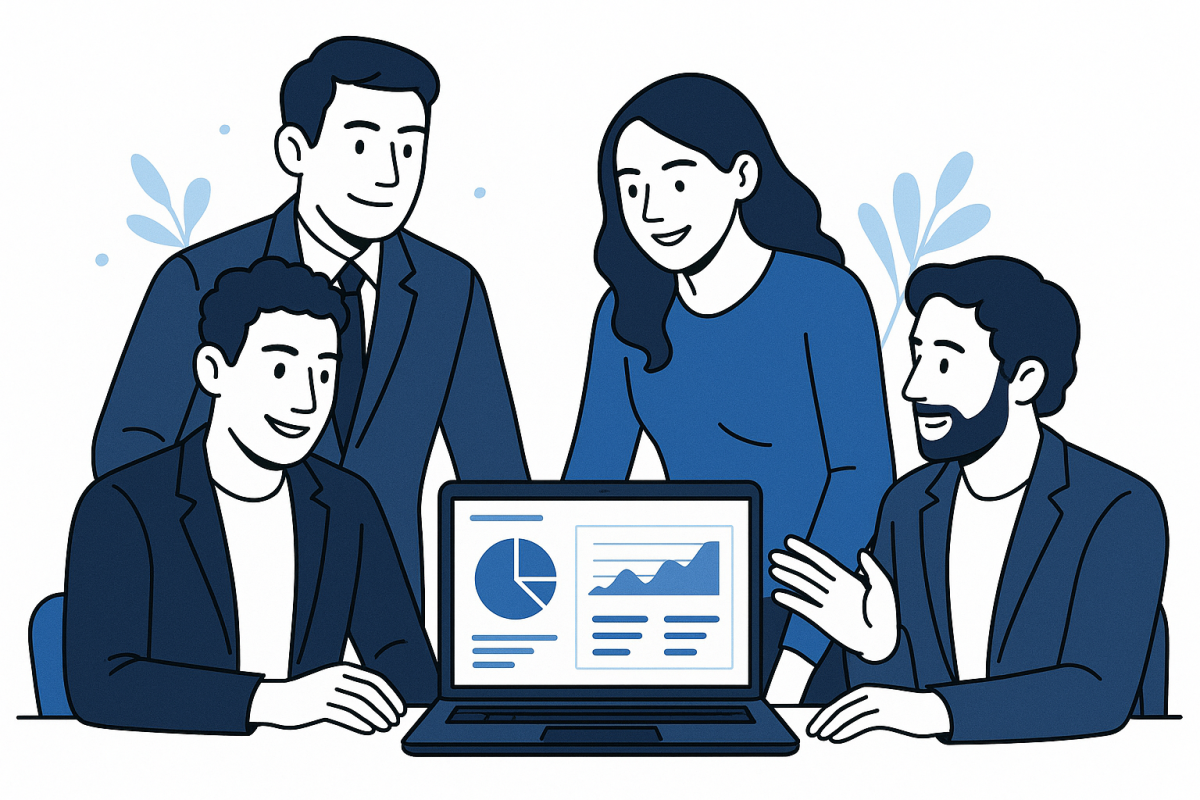 Australian professional services team collaborating around a laptop with software dashboard visible