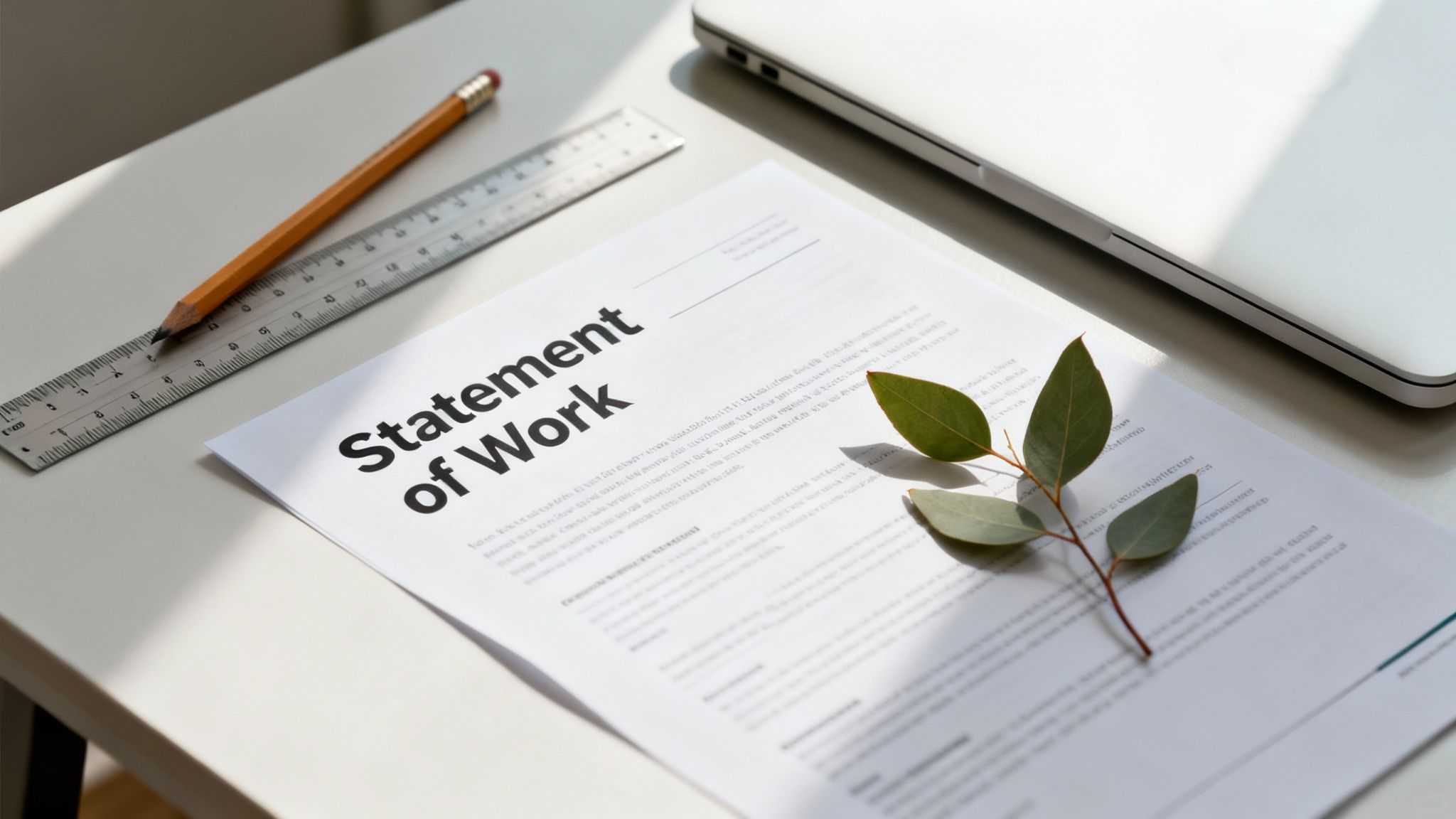 A 'Statement of Work' document on a white desk with a pencil, ruler, green leaves, and a laptop.