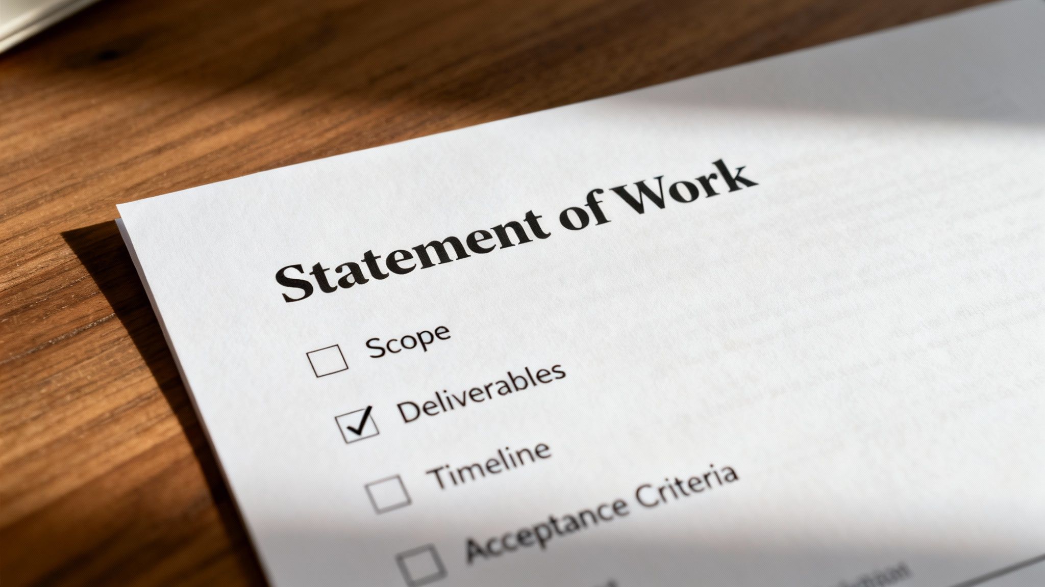 A close-up of a Statement of Work document with the 'Deliverables' checkbox marked, on a wooden desk.