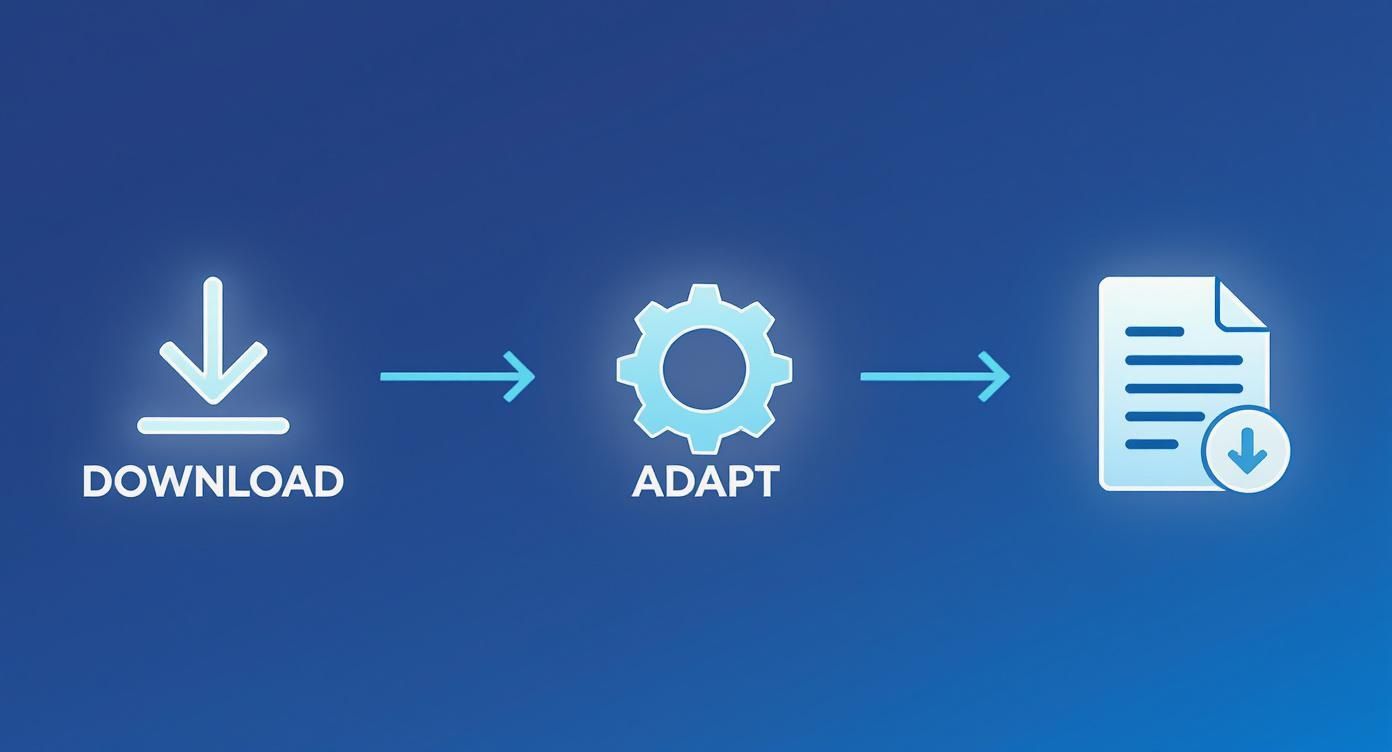 Diagram illustrating a three-step process: download, adapt, and generate a downloadable document.