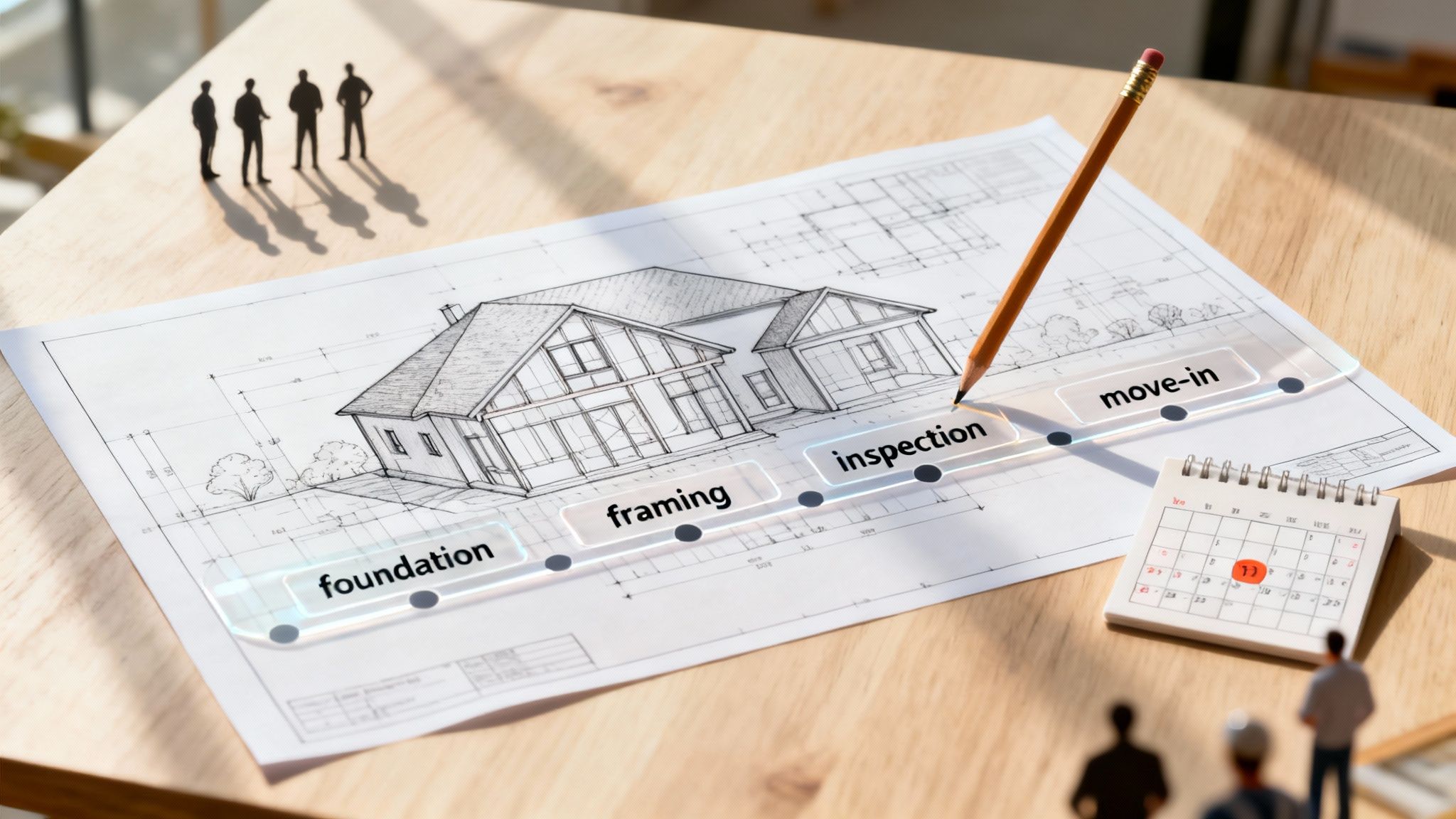 Architectural blueprint with a construction project timeline, pencil, calendar, and people figures on a wooden desk.