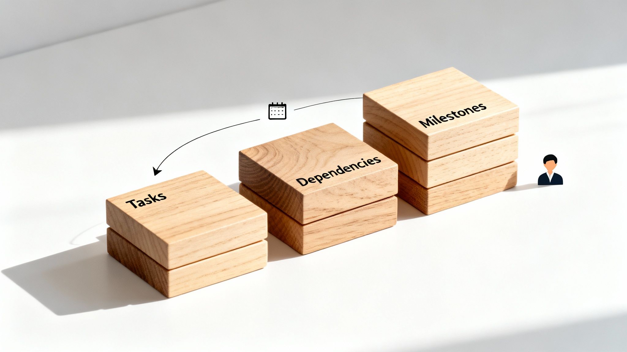 Wooden blocks depicting project tasks, dependencies, and milestones, with a calendar and workflow arrow.