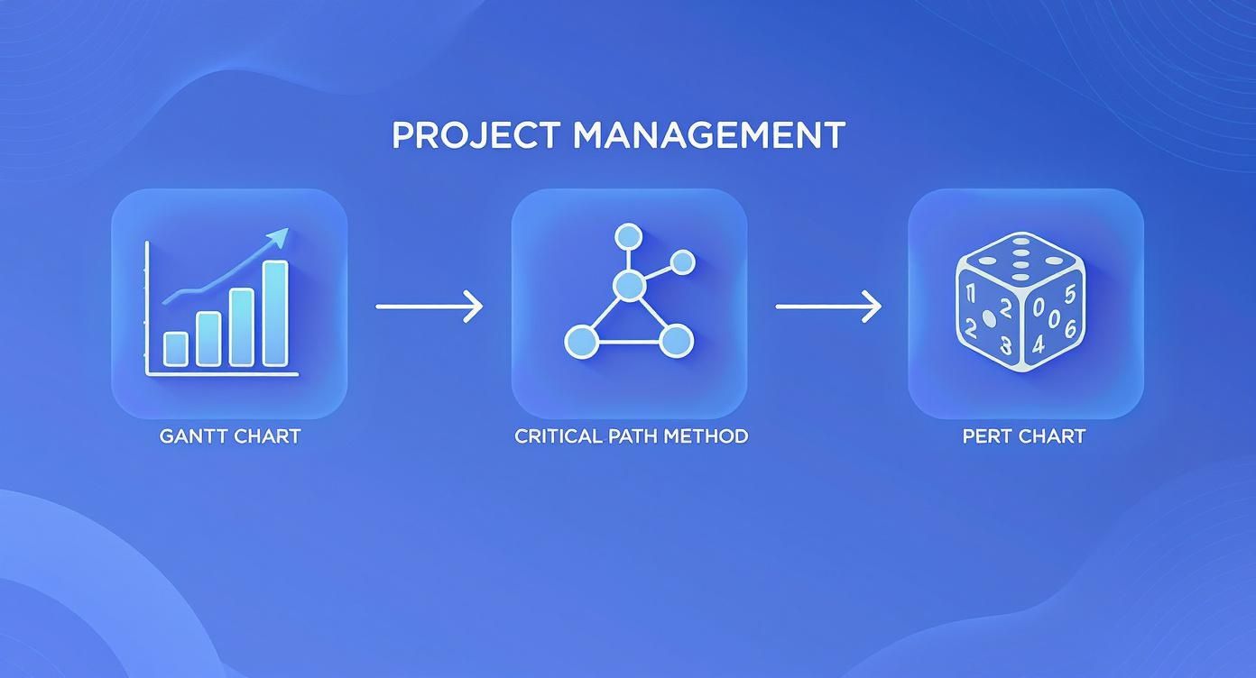 Visual representation of project management tools: Gantt Chart, Critical Path Method, and PERT Chart.