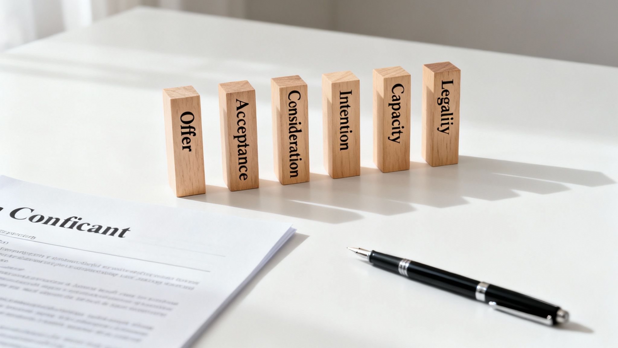 Wooden blocks outlining contract elements: Offer, Acceptance, Consideration, Intention, Capacity, Legality, on a white desk.