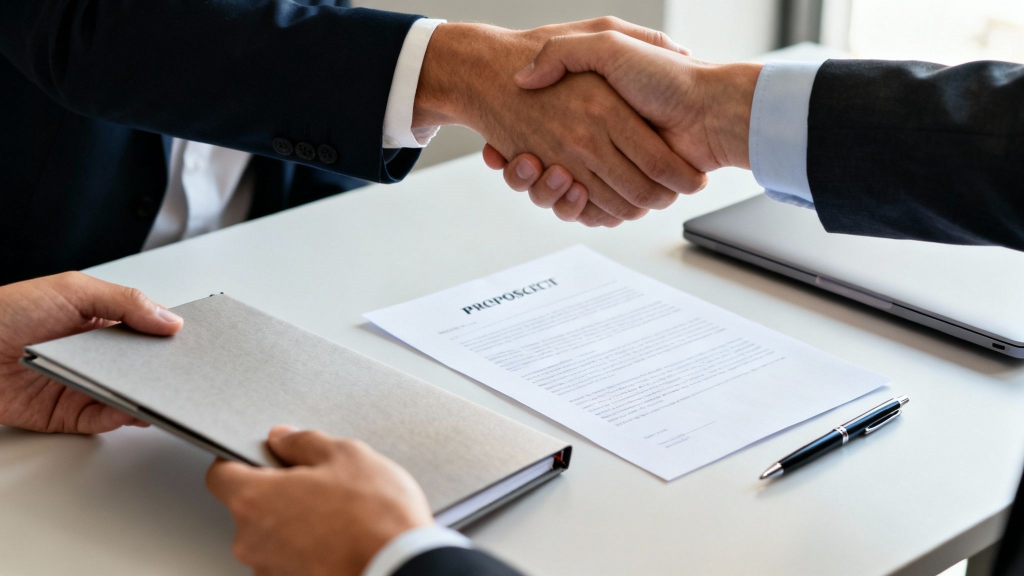 Two business people in suits shake hands over a table with a contract, symbolizing agreement.