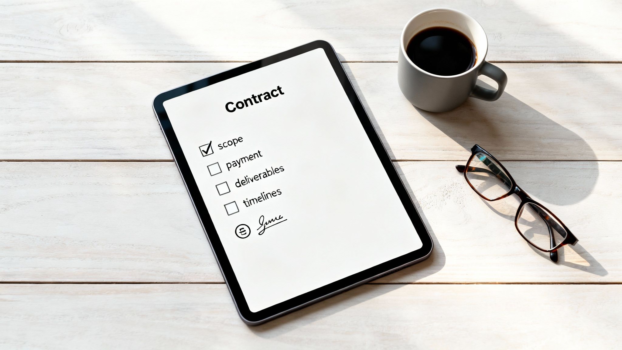 A digital contract with 'scope' checked on a tablet, next to a coffee cup and reading glasses.