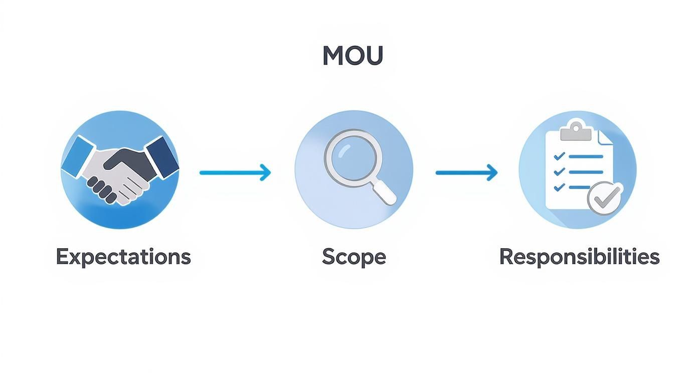 MOU process flowchart detailing expectations, scope, and responsibilities with relevant icons.