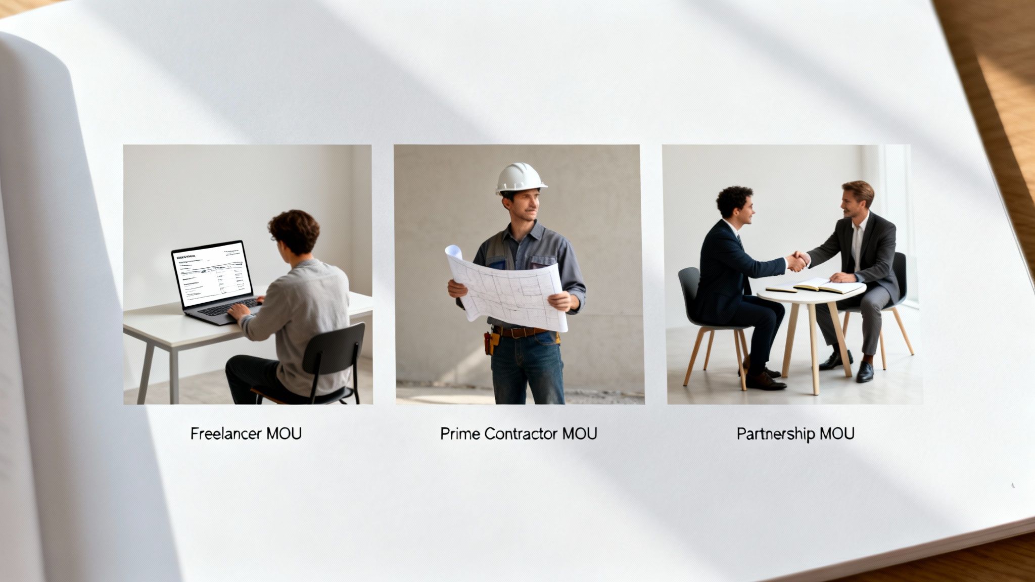 Three images show professional scenarios for MOUs: a freelancer, a contractor, and a business partnership.