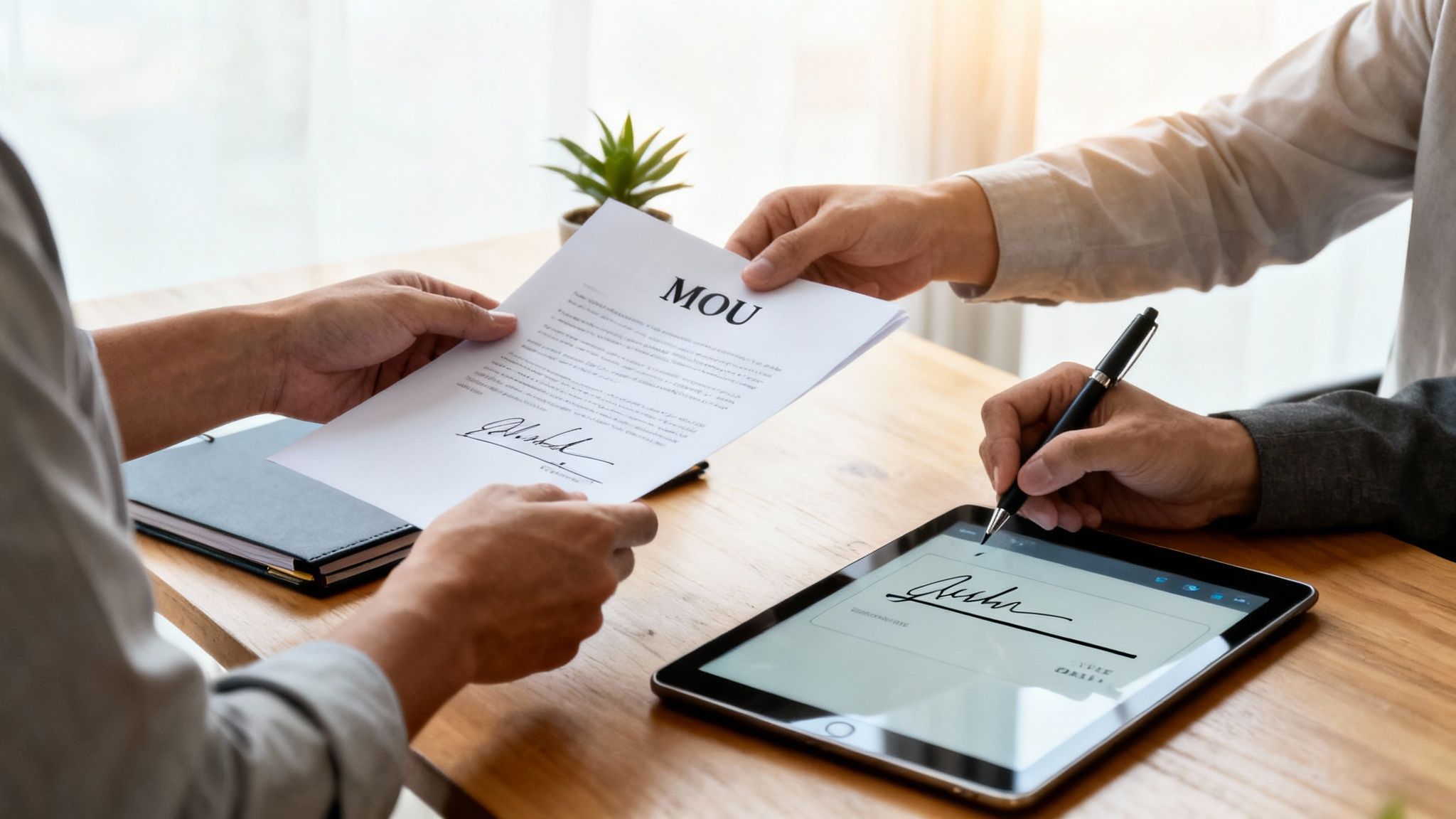 Two people review and digitally sign a Memorandum of Understanding document on a tablet.