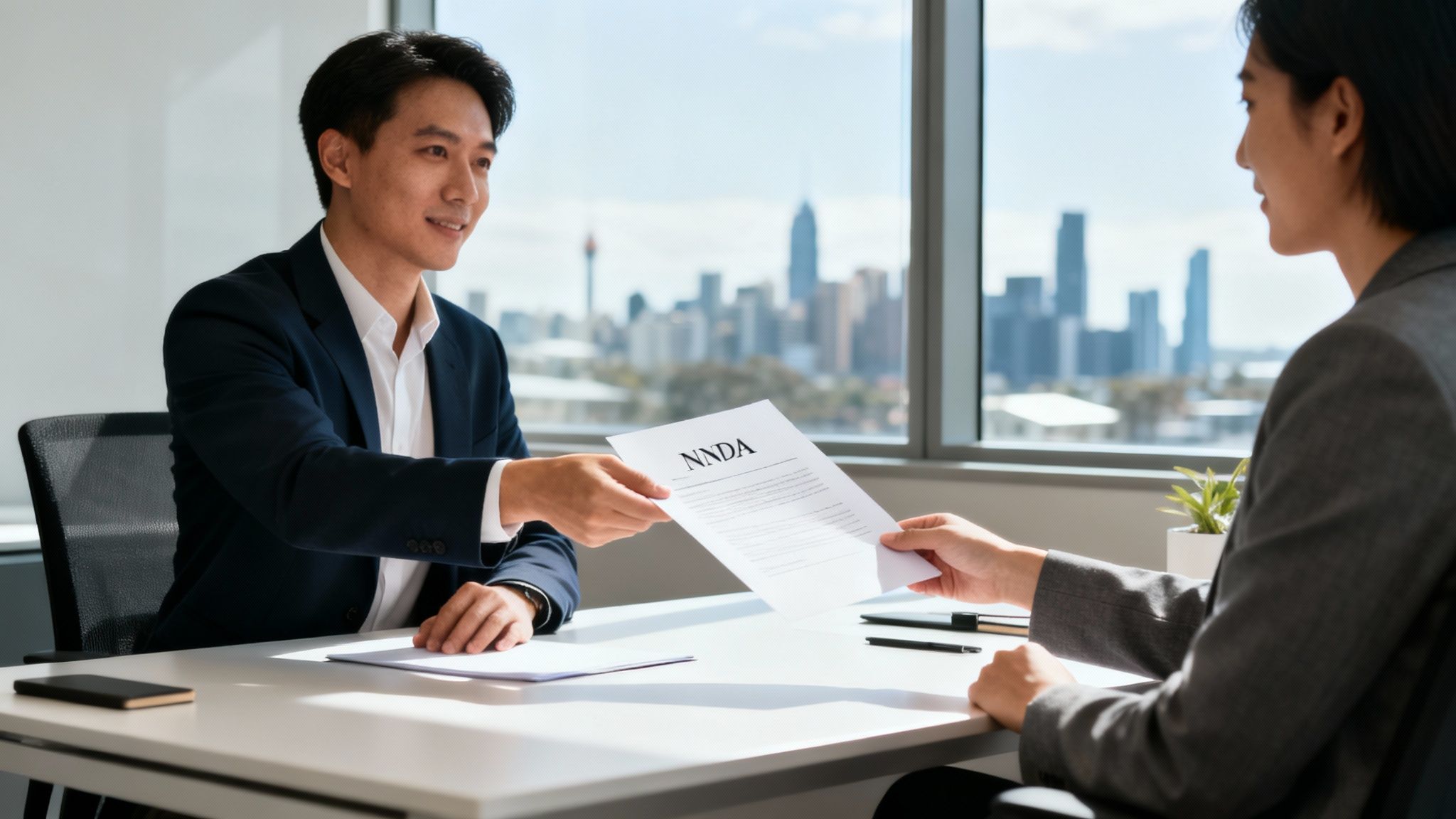 Two business professionals in a modern office exchanging a non-disclosure agreement document.