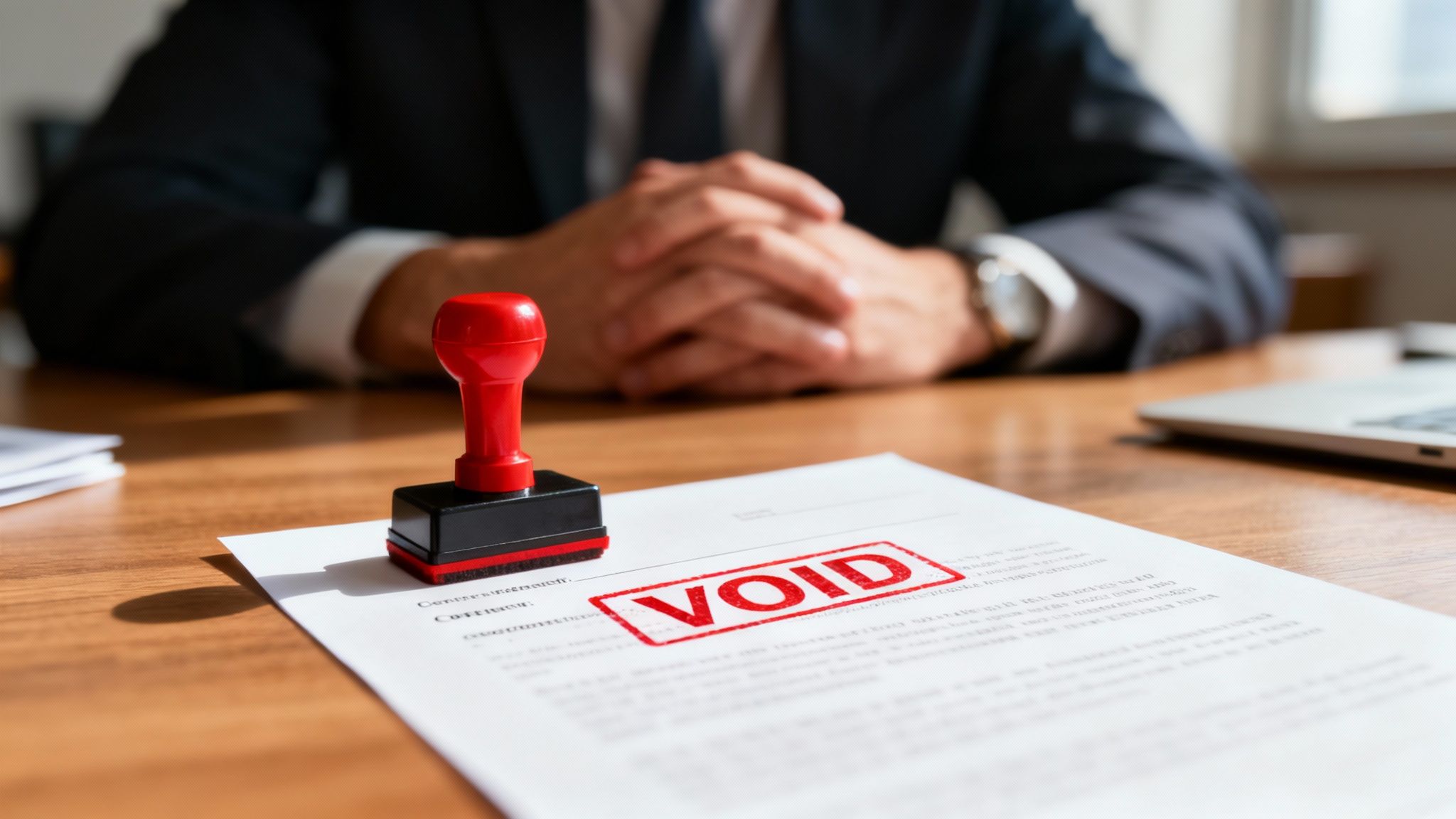 Close-up of a document stamped 'VOID' with a red rubber stamp, person in suit in background.