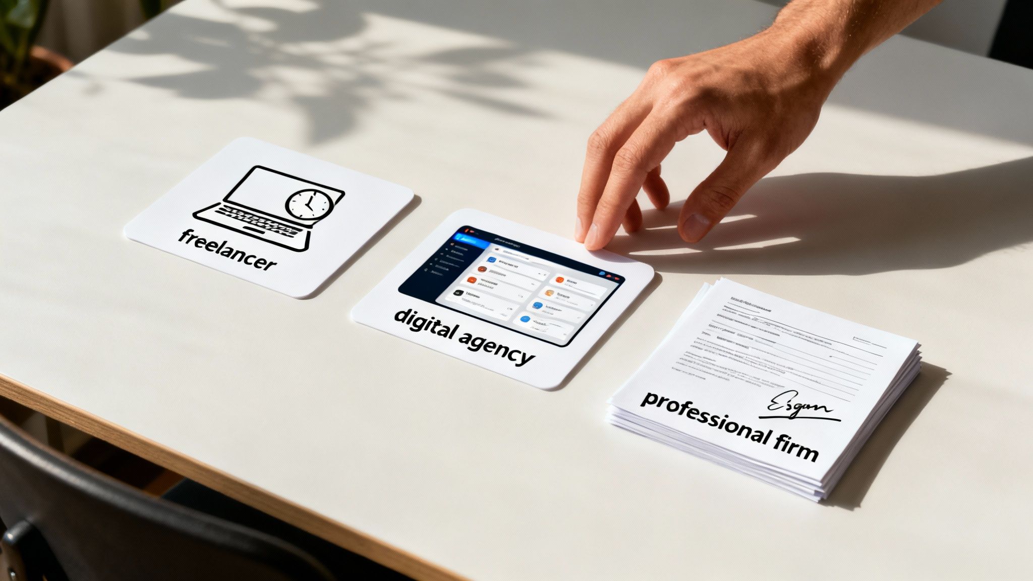 A hand reaches for a card labeled 'digital agency', with 'freelancer' and 'professional firm' cards nearby.