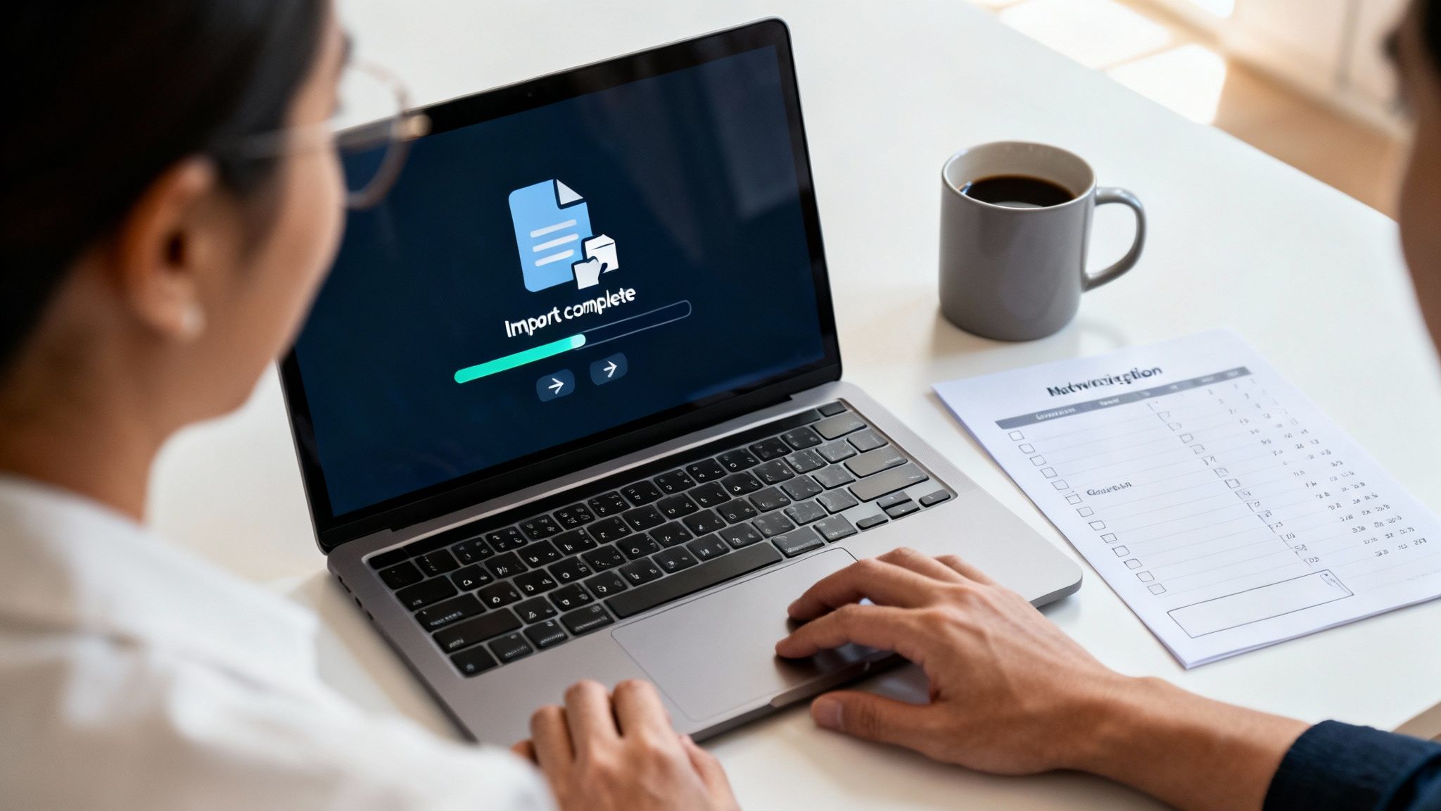 Two people collaboratively looking at a laptop showing 'Import complete' screen on a desk with coffee and a document.