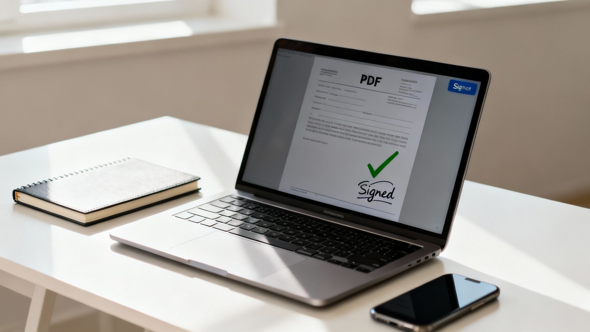 A laptop on a white desk displays a digitally signed PDF document, with a notebook and smartphone nearby.