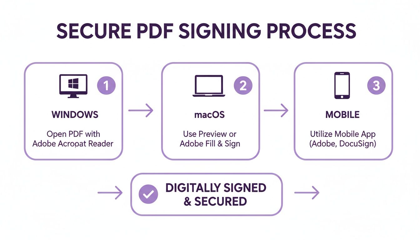 A flowchart illustrates the secure PDF signing process, covering steps for Windows, macOS, and mobile devices, leading to a digitally signed and secured document.