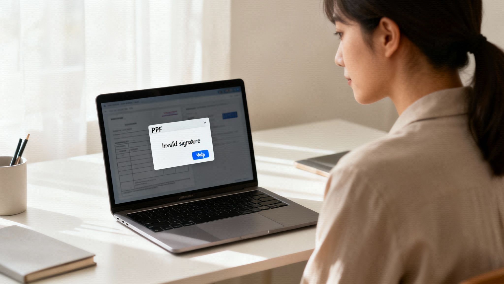 A young woman looks at a laptop displaying an 'Invalid signature' error message, indicating a digital signing issue.