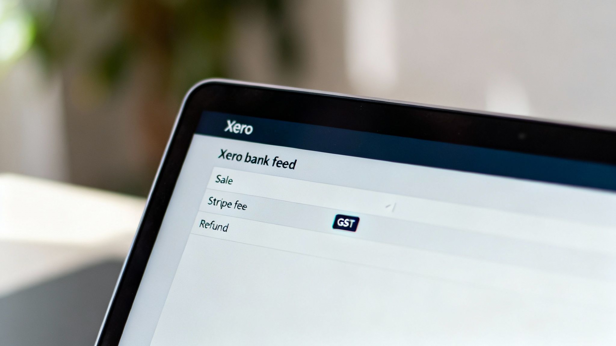 A close-up of a laptop screen displaying Xero accounting software with bank feed items like Stripe fee and GST.