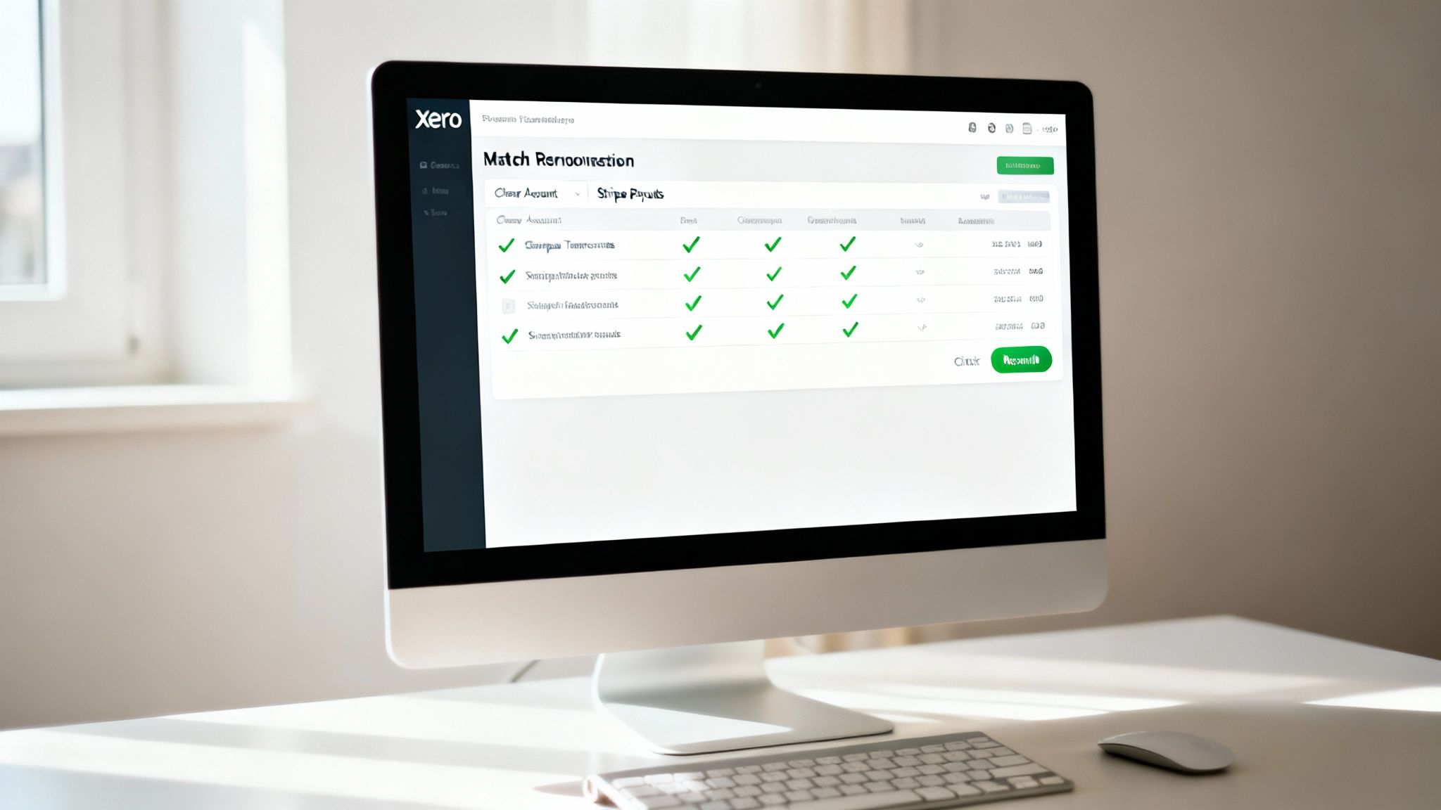 A desktop computer displays Xero accounting software with a 'Match Reconciliation' screen for Stripe payouts.
