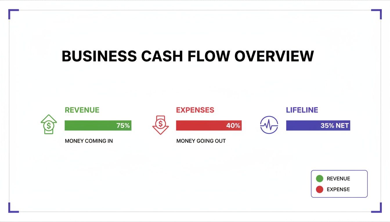 A business cash flow overview with revenue at 75%, expenses at 40%, and 35% net.