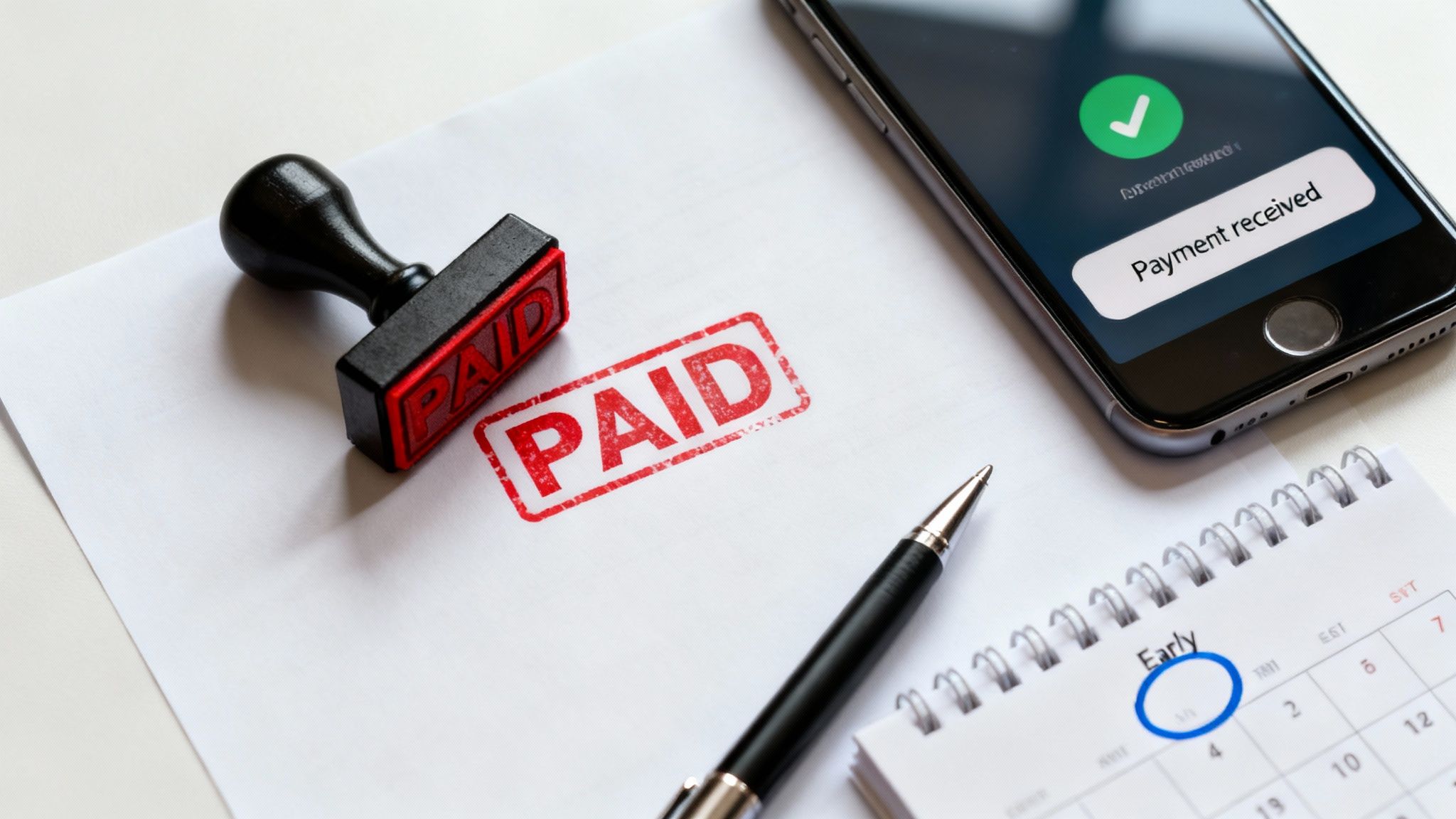 A 'PAID' stamp on a document, smartphone with 'Payment received' message, pen, and calendar.