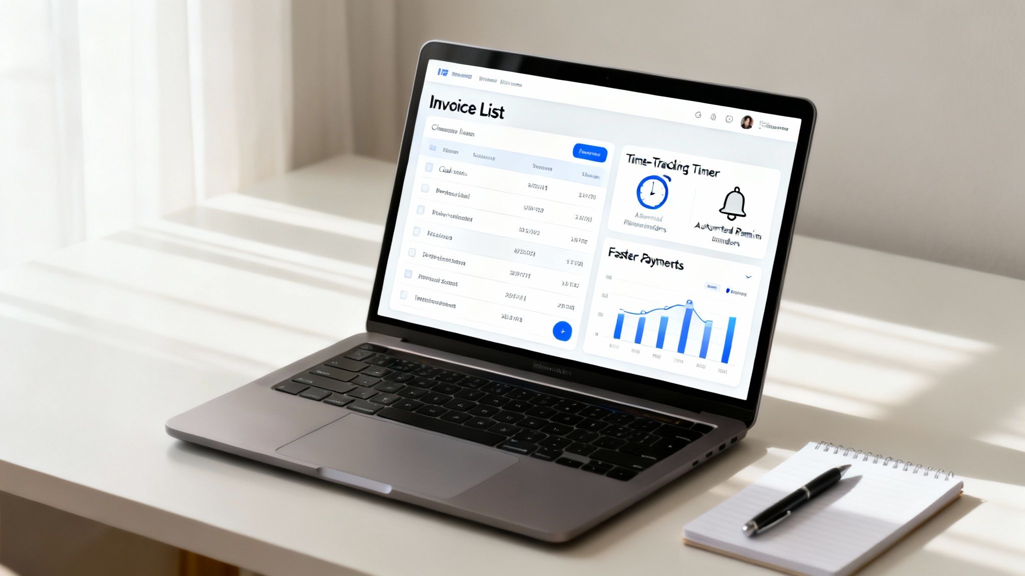A laptop on a desk showing financial software with invoice lists, time tracking, and payment charts.
