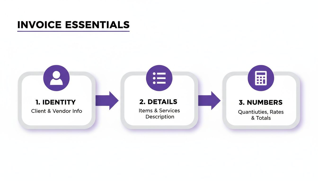 A three-step infographic on invoice essentials: identity, details, and numbers, with corresponding icons.