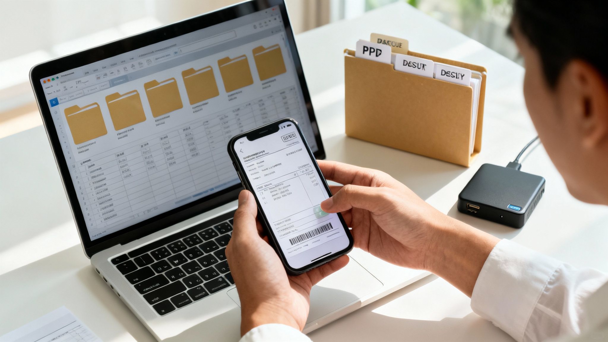 Person scanning a document with a smartphone, alongside a laptop displaying financial spreadsheets and organized folders.