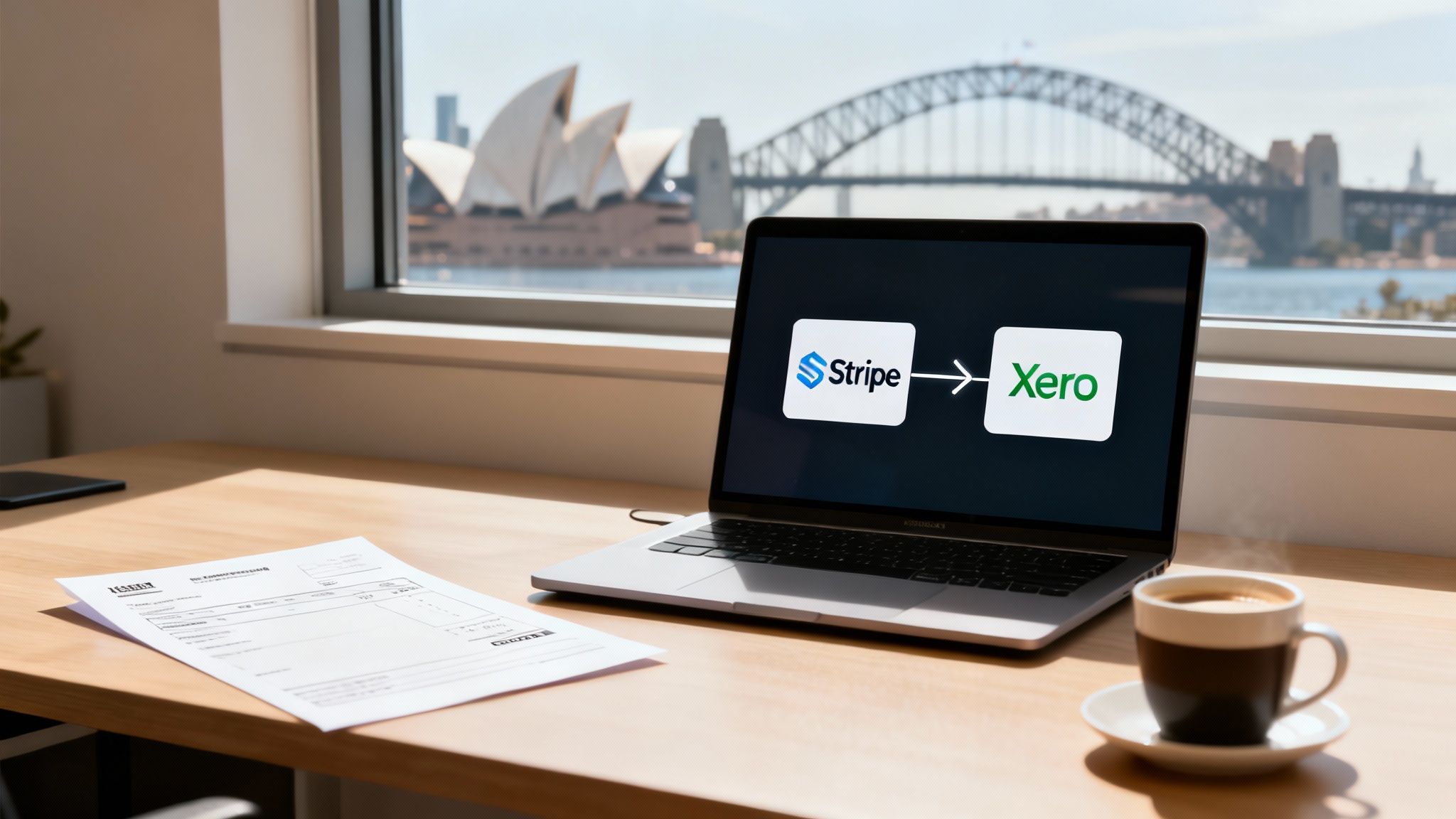 Laptop displays Stripe and Xero integration on a desk with a Sydney harbor view, document, and coffee.