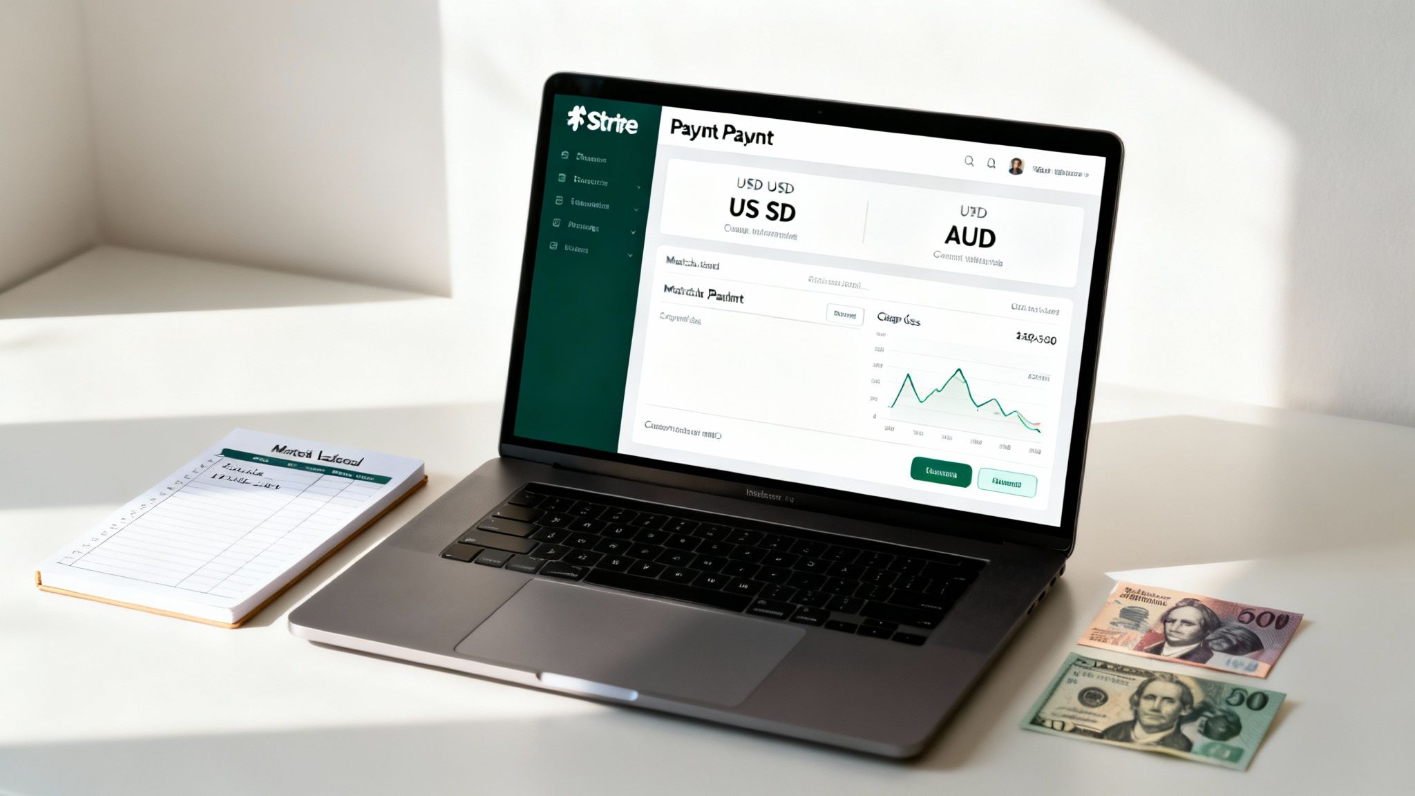 A laptop displaying a financial dashboard with currency notes and a notepad on a white desk.