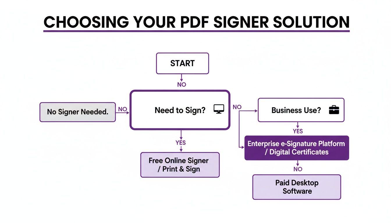 Flowchart guiding users on choosing the right PDF signer solution based on signing needs and business use.