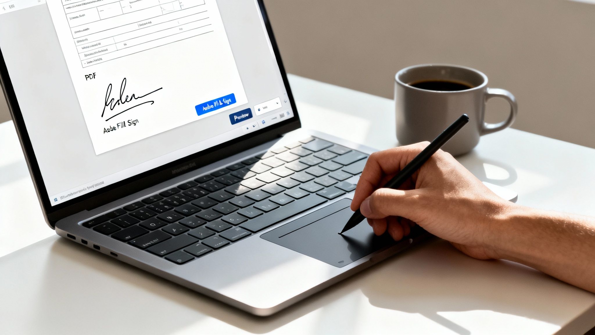A person uses a stylus to digitally sign a PDF document on a laptop, with a coffee mug nearby.